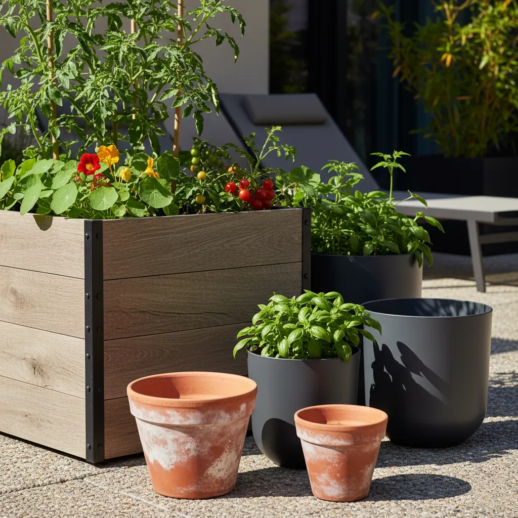 A variety of garden planter materials including terracotta and steel