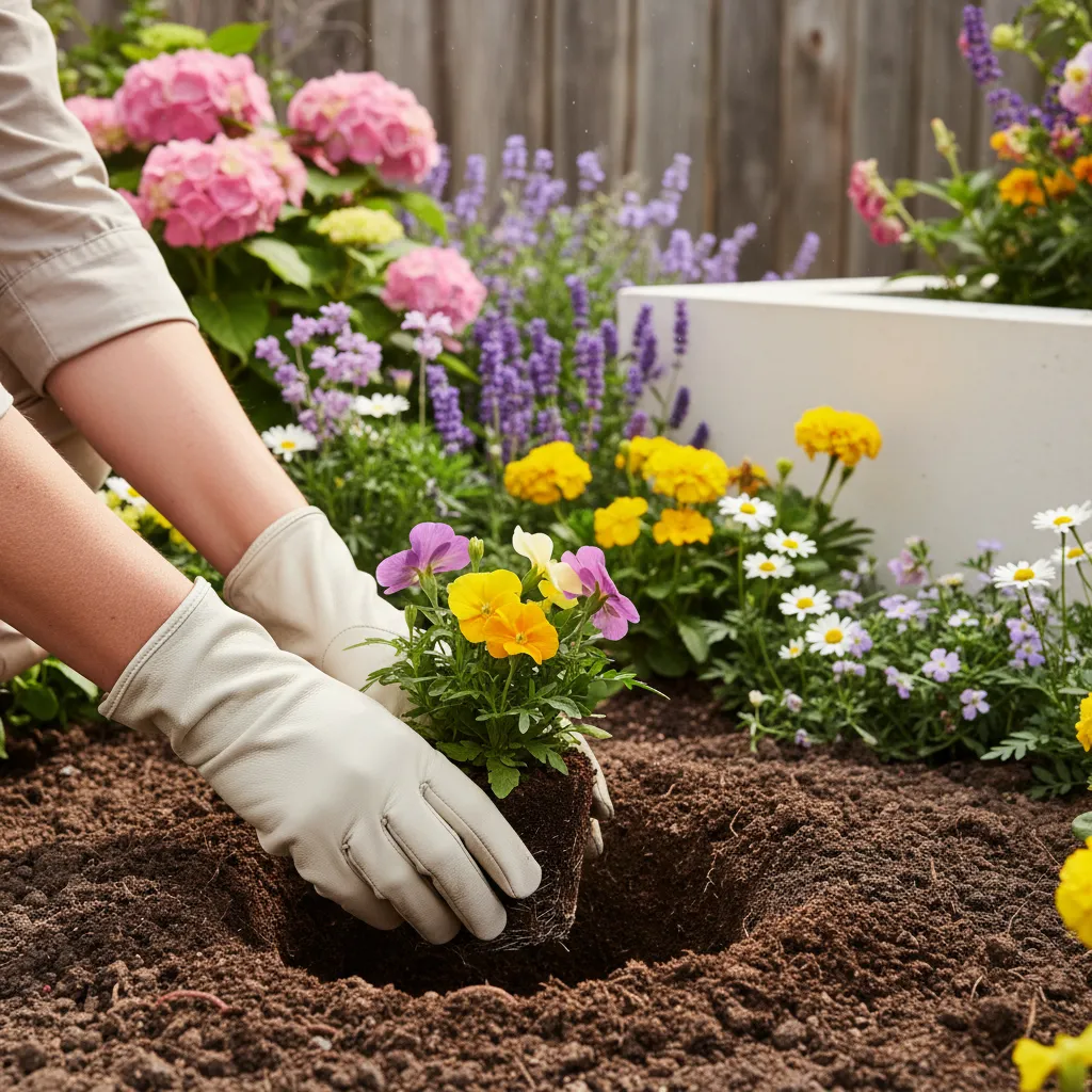 Planting Flowers in Garden Bed Hand placing a flower root ball into prepared soil