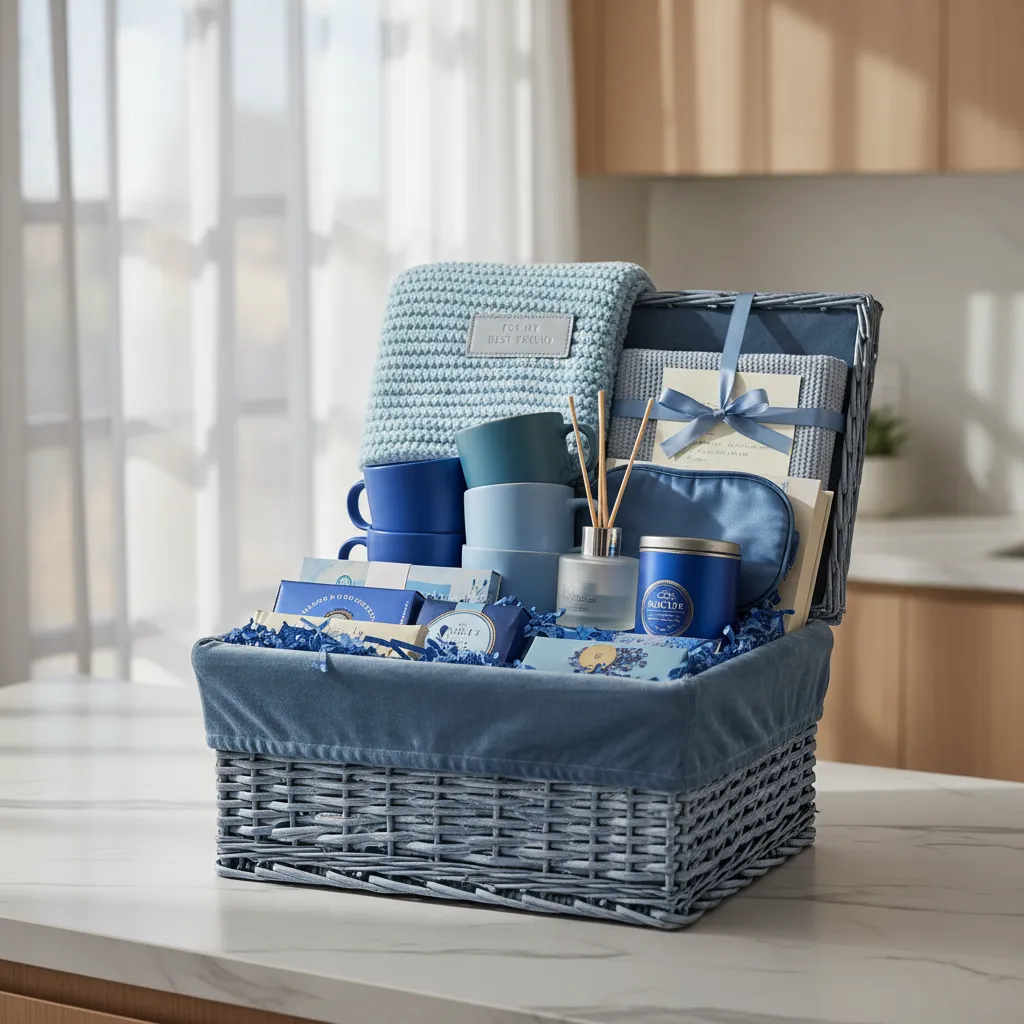 Pro Architecture of a Blue Gift Basket A dusty blue velvet lined gift basket on a marble surface