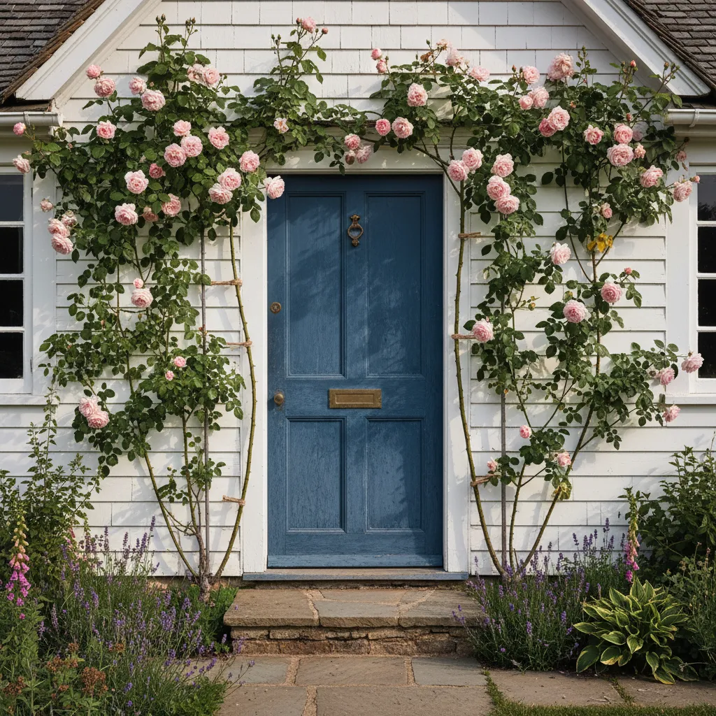 Pink climbing roses pruned neatly around a rustic wooden front door for safe entry