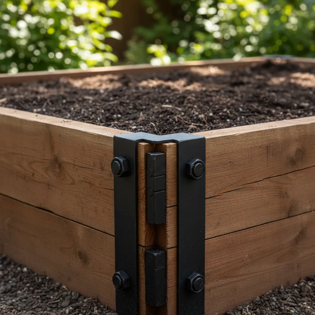 Raised Bed Construction Detail Detail shot of wooden raised garden bed corner with dark soil