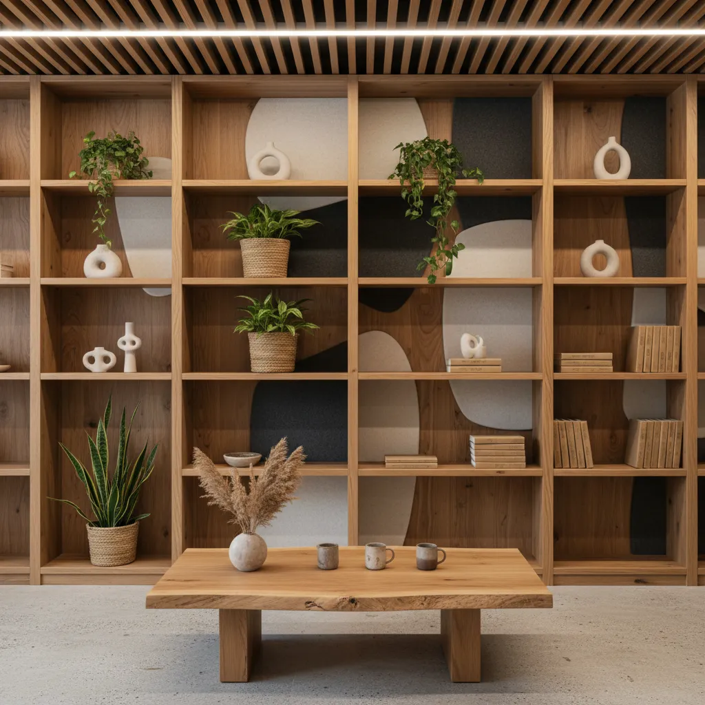 Raw Wood Furniture and Acoustic Diffusion Raw wood coffee table and shelving in a minimal room