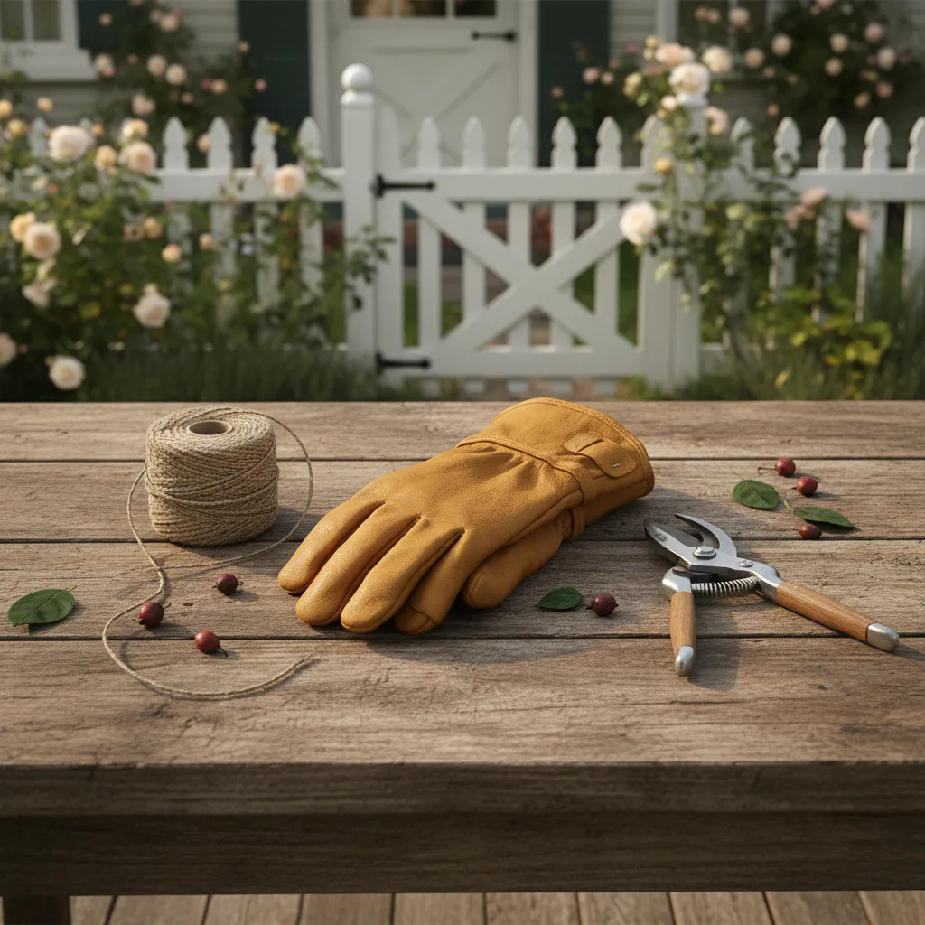 Leather gauntlet gloves and sharp bypass pruners laid out on a wooden porch table