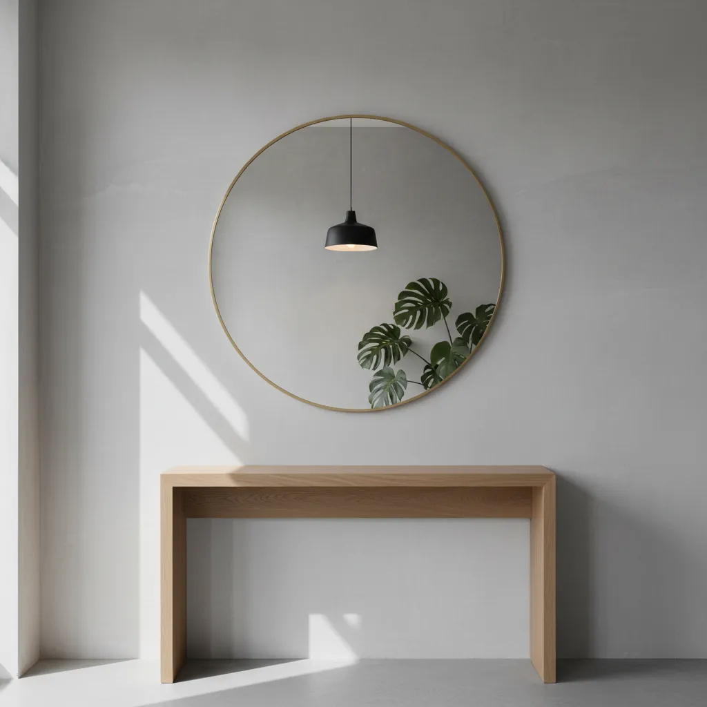 Round Mirror Placement for Small Spaces Round wall mirror reflecting light and greenery in a small minimalist room