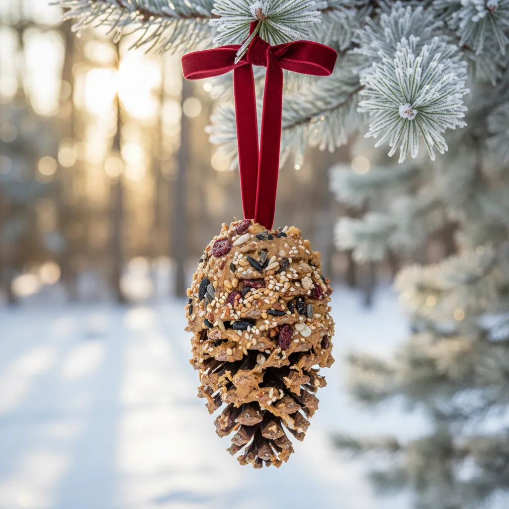 Rustic Pinecone Bird Feeder with Velvet Ribbon Pinecone bird feeder hanging from tree with red velvet ribbon