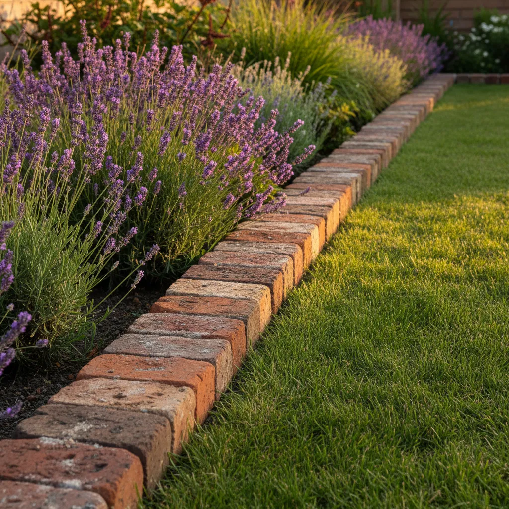 Rustic Reclaimed Brick Garden Edging A garden border featuring weathered red bricks in a neat trench edging a flower bed.