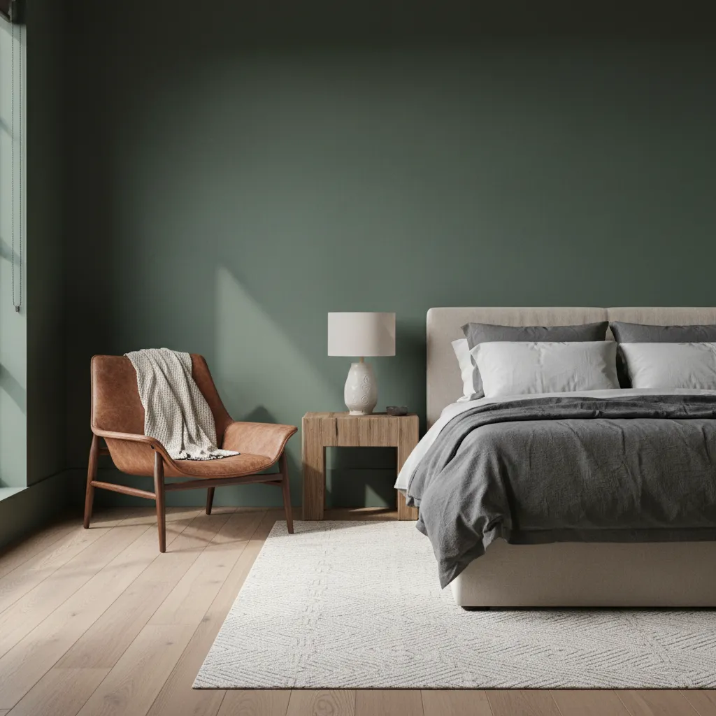 Sage Green Accent Wall Mountain Home Deep sage green accent wall in a modern mountain bedroom