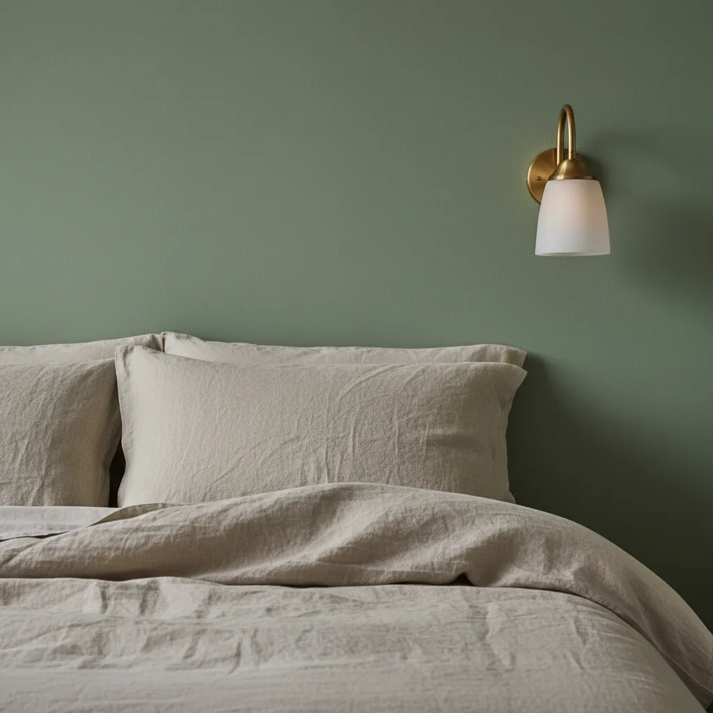 Sage Green Bedroom Textures and Materials Close up of linen fabric and brass fixtures against a green wall