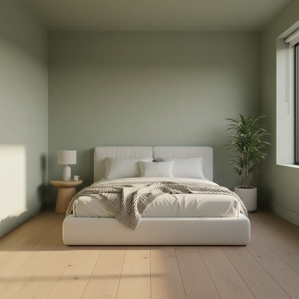 Sage Green Compact Master Bedroom Design Small master bedroom design featuring sage green walls and light wood furniture