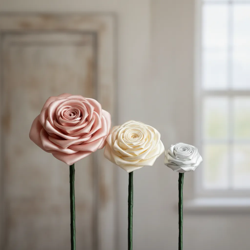Satin Ribbon Rose Size Comparison Comparison of small medium and large satin ribbon roses for bouquet balance