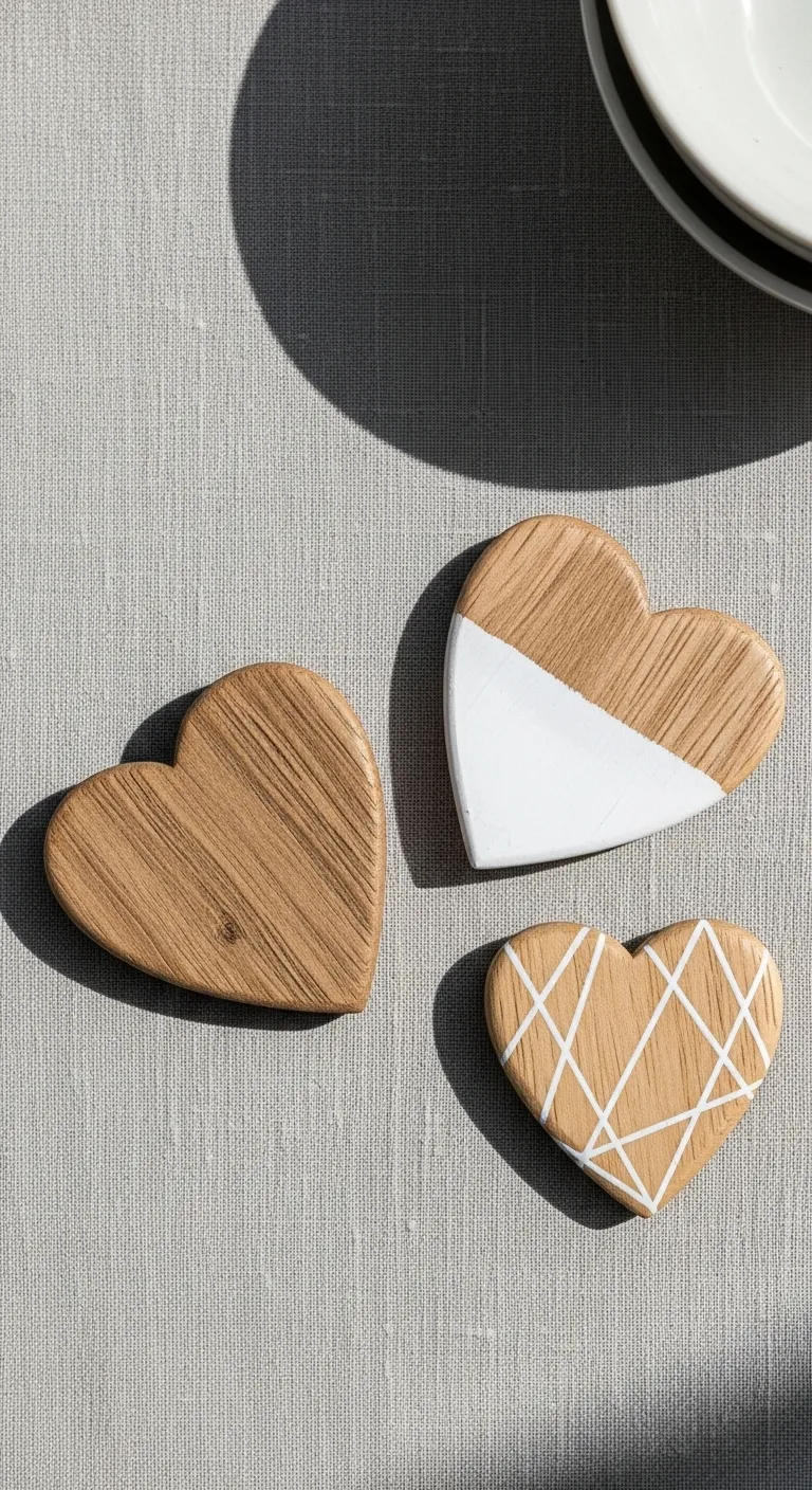 Minimalist wooden hearts painted with white geometric patterns on a linen table