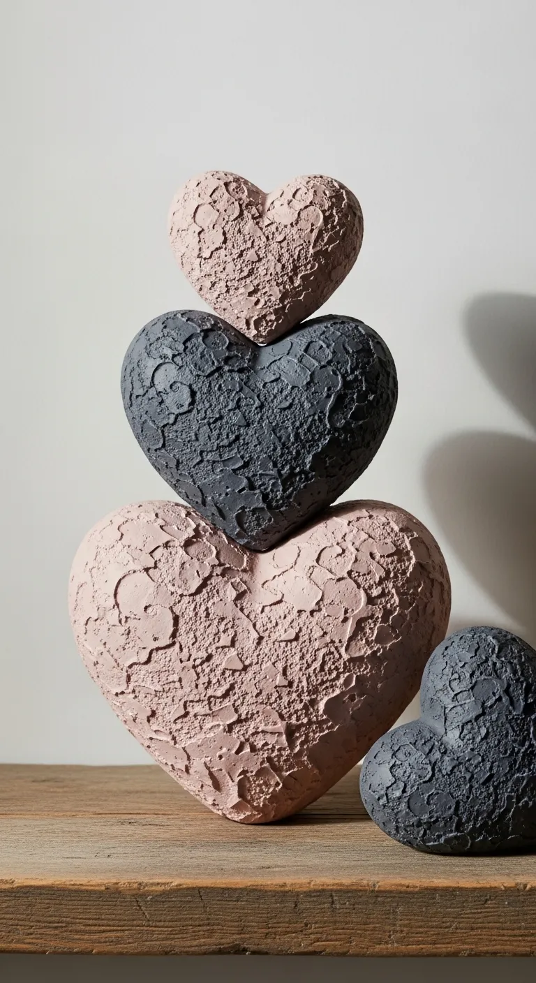 Wooden hearts with heavy joint compound texture styling on shelf