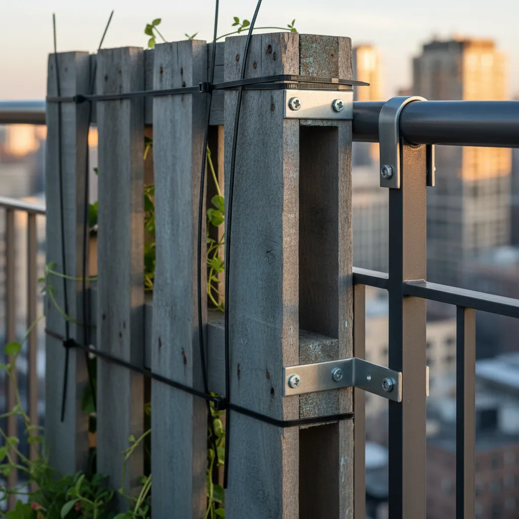 Detail of heavy duty cable ties securing a vertical pallet garden to a metal balcony railing