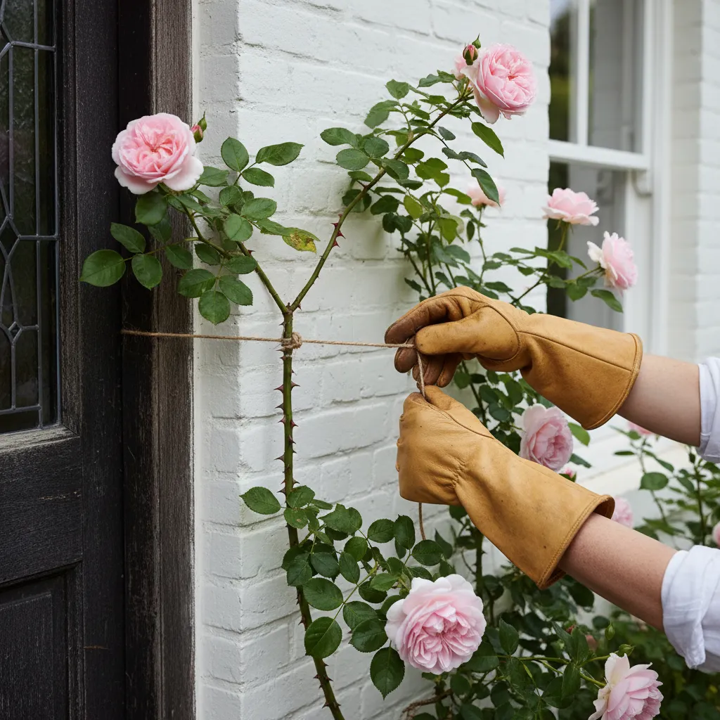 Gardener using jute twine to train climbing rose canes against a white brick porch wall