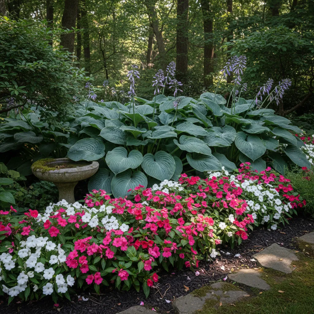 Shady Garden Corner Design with Hostas Shady garden nook featuring lush hostas and pink impatiens