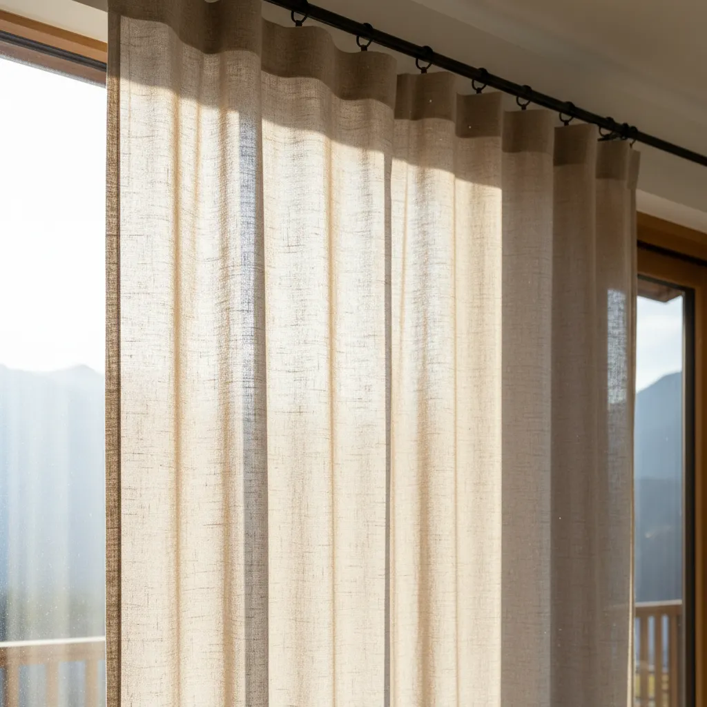 Sheer Linen Curtains Texture Detail Close up of sheer oatmeal linen curtains on a black rod