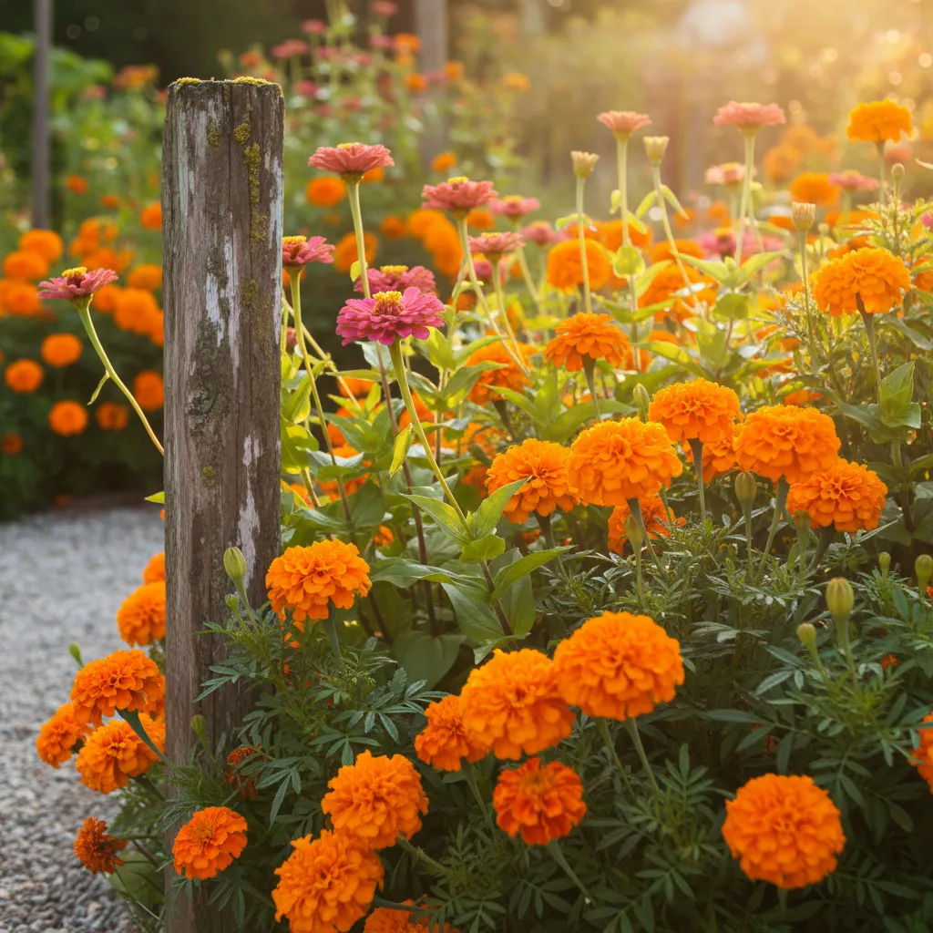 A lush, sun-filled flower garden with marigolds and zinnias designed for beginners.