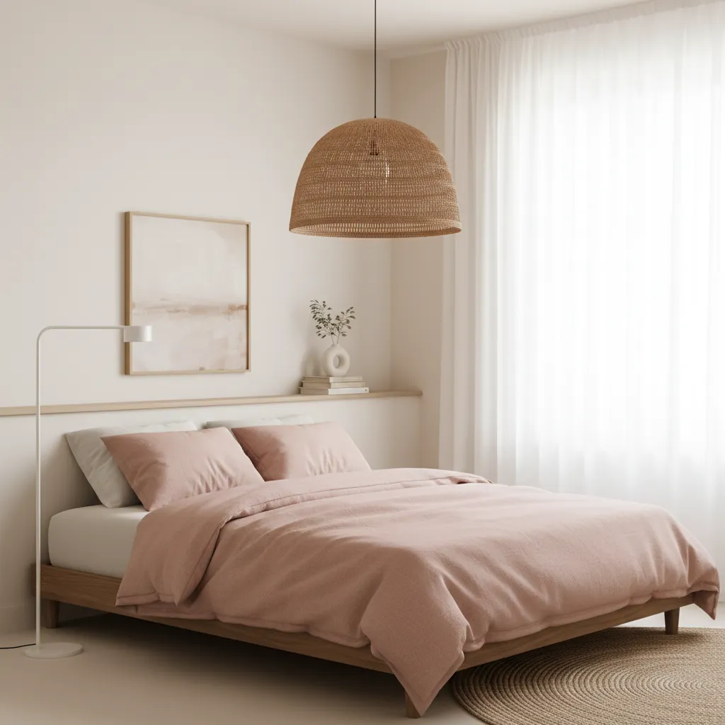 Simple Master Bedroom with Soft Blush Accents Modern minimalist bedroom featuring soft blush bedding and warm lighting