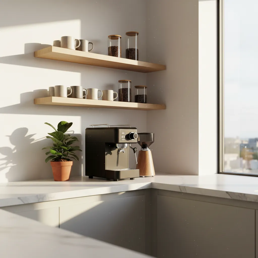 Minimalist small coffee shop aesthetic interior design showing a clean espresso station layout with floating shelves.