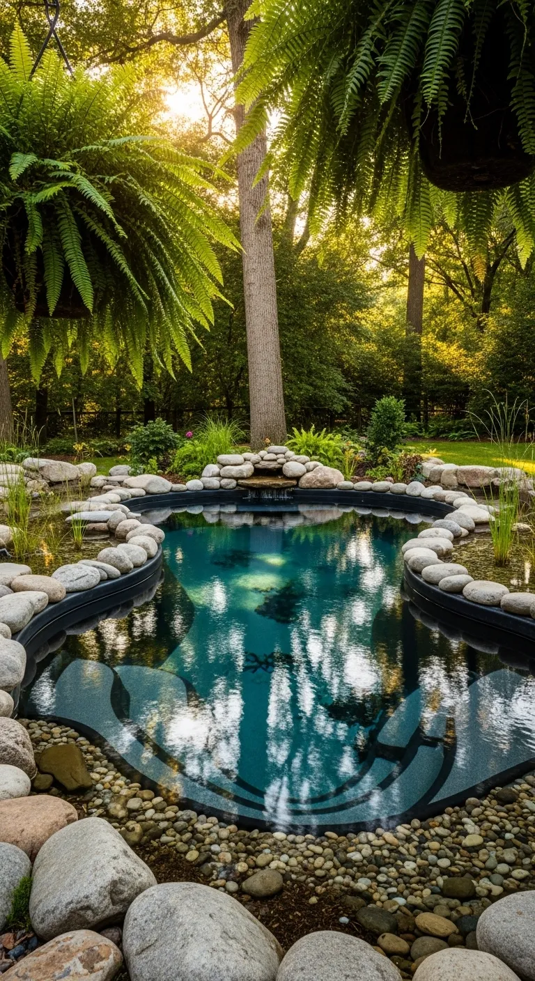 Small Organic Backyard Natural Pool Design Small organic natural swimming pool with river rock edging and lush garden plants