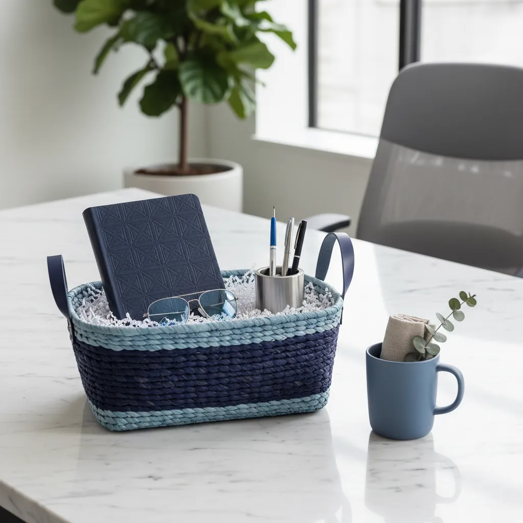 Sophisticated Navy Office Gift Basket Navy blue office supplies and professional accessories in a gift basket