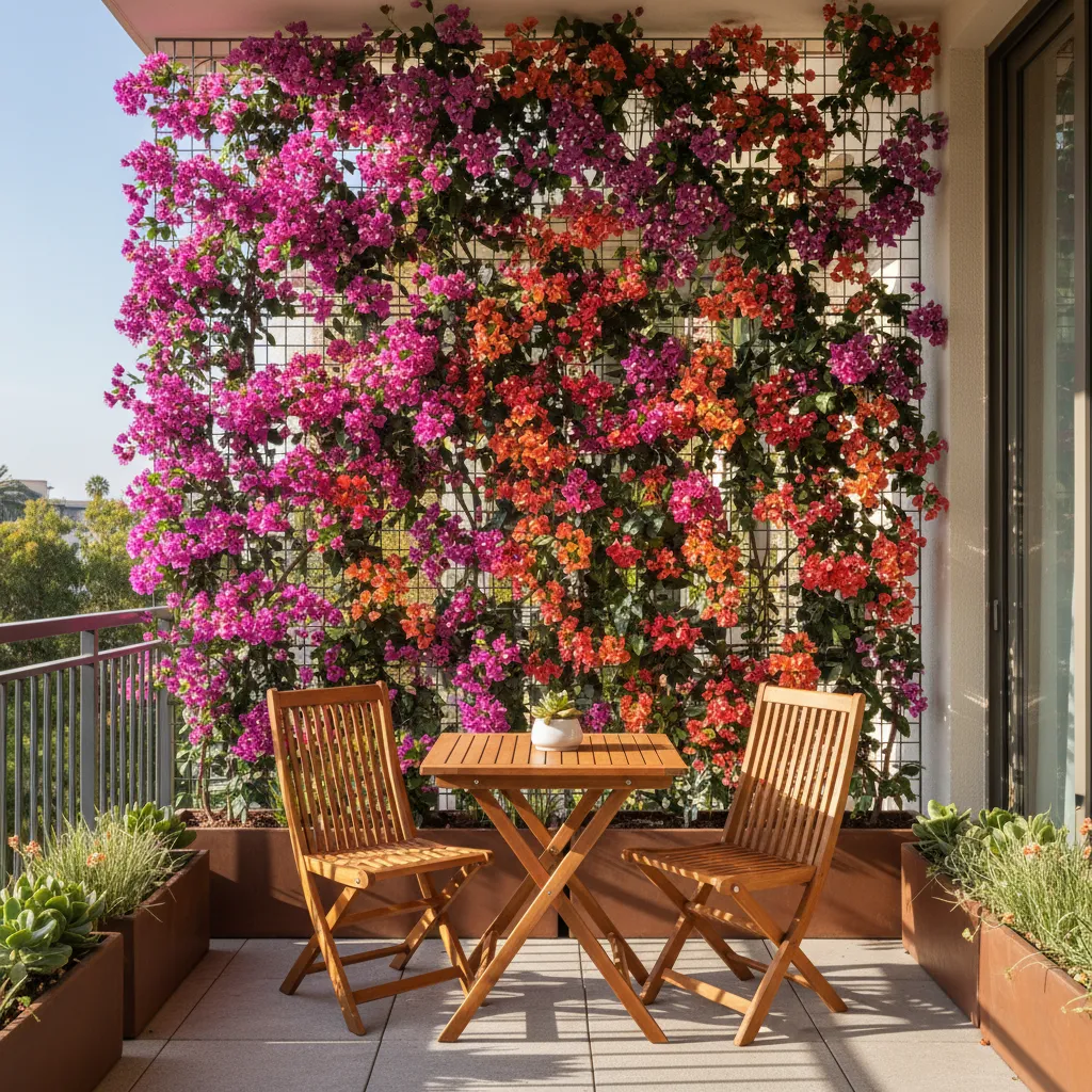 South facing balcony with vertical garden trellis creating shade