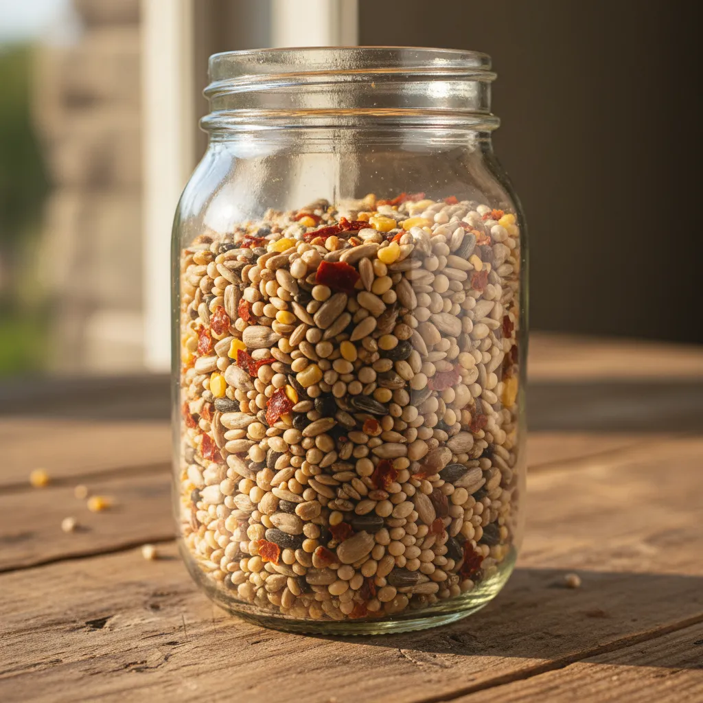 Spicy Bird Seed Mix Bird seed mixed with dried red peppers in a glass jar