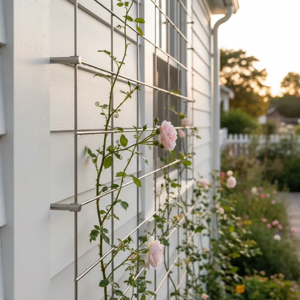 Stainless steel wire trellis system mounted on white clapboard siding supporting rose vines