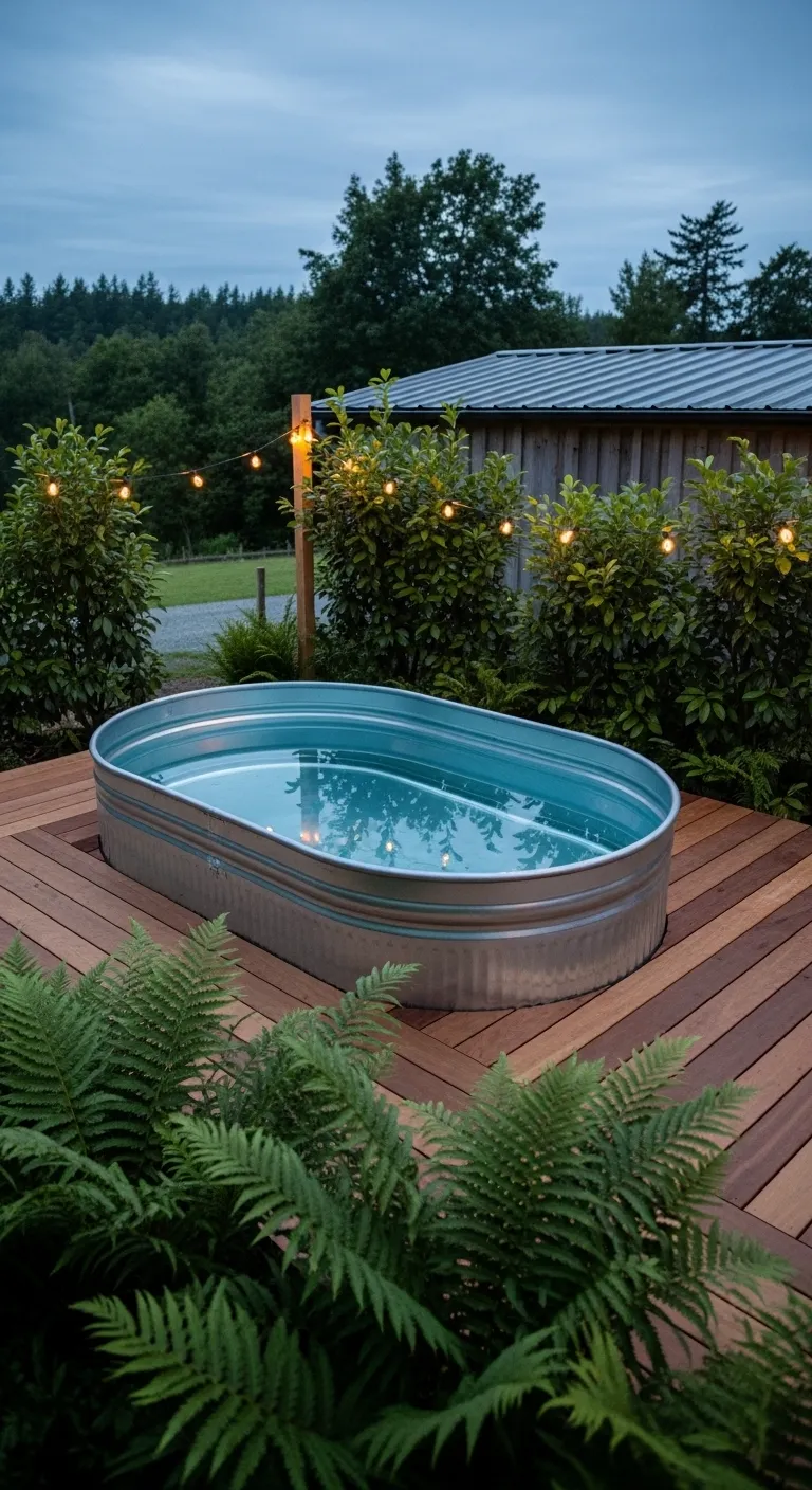 Stock Tank Plunge Pool Design Galvanized stock tank pool with wooden decking and ambient lighting