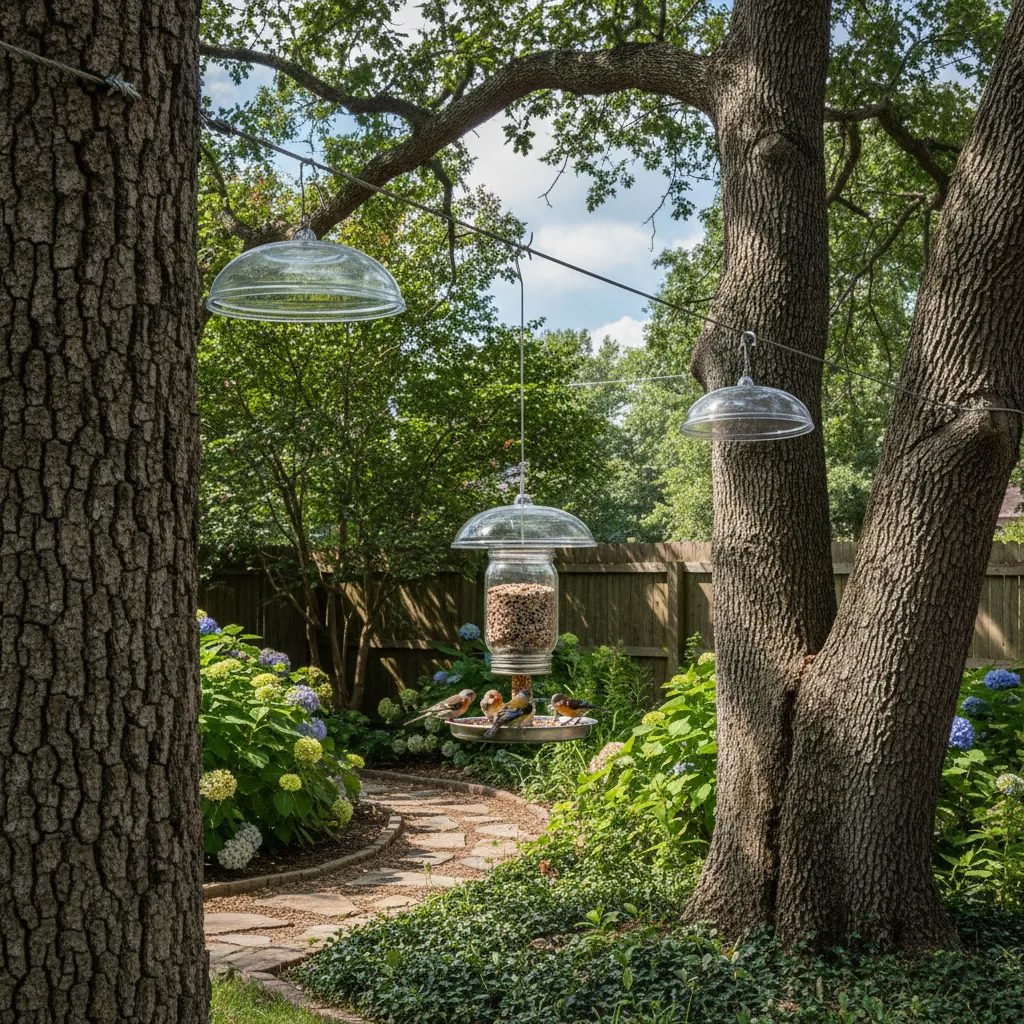 Strategic Bird Feeder Placement in Garden Bird feeder hanging on a wire between trees in a landscaped backyard