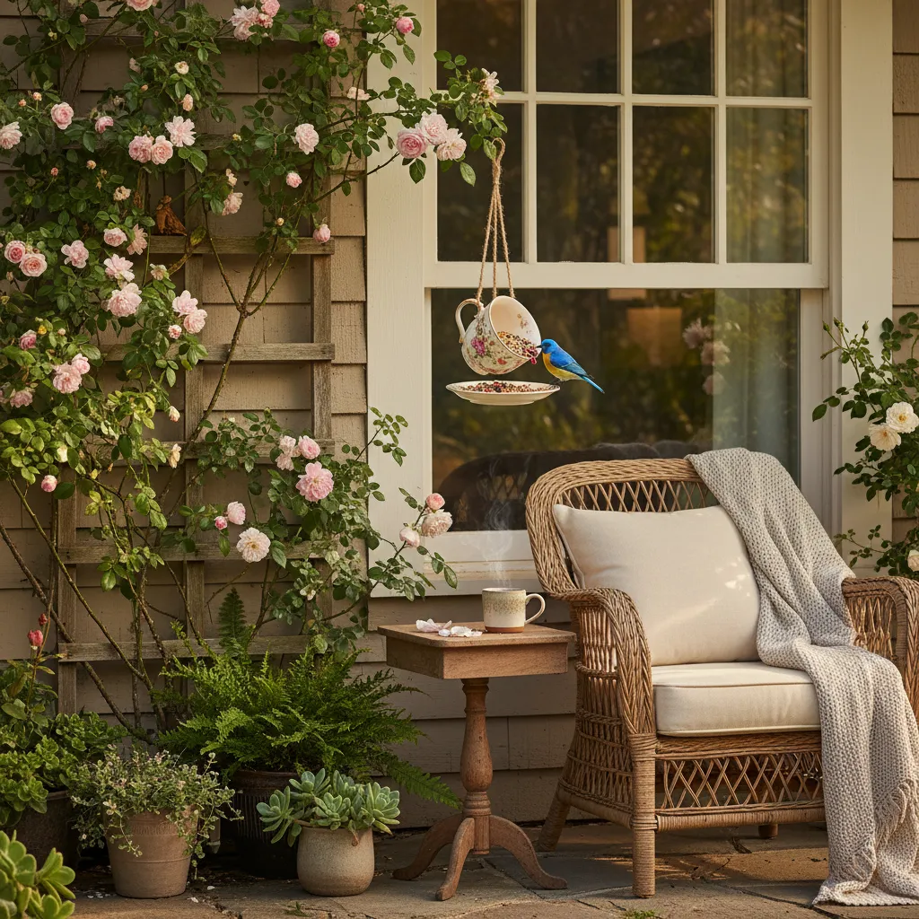 Styled Porch with Teacup Bird Feeder Teacup bird feeder hanging near climbing roses on a cottage porch