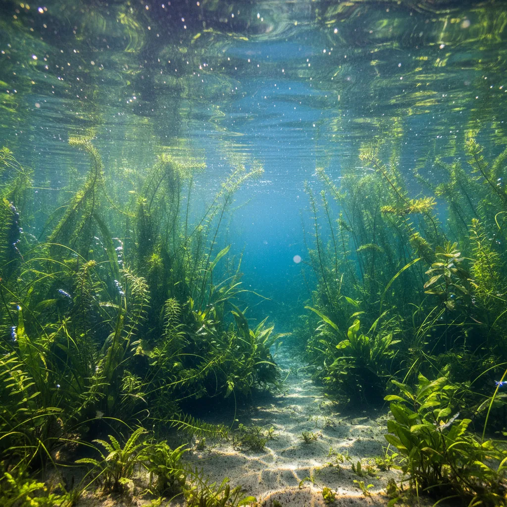 Submerged Oxygenating Plants for Natural Pools Underwater view of submerged hornwort and elodea plants in a natural pool