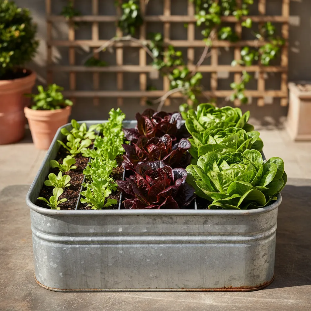 Close up of mixed salad greens growing in a galvanized steel trough.