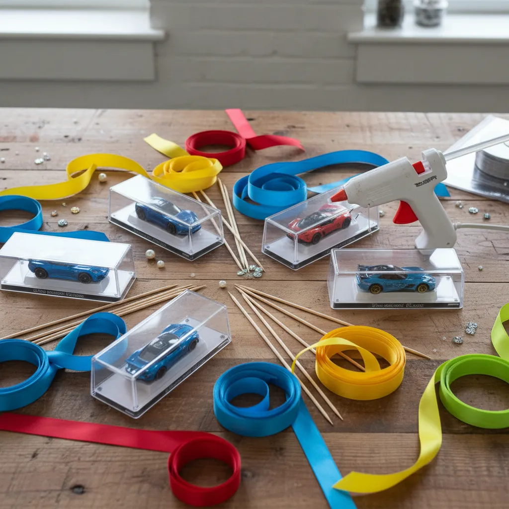 Supplies for Damage-Free Hot Wheels Bouquet Mounting Workspace showing hot wheels cars in protective cases with skewers and ribbon