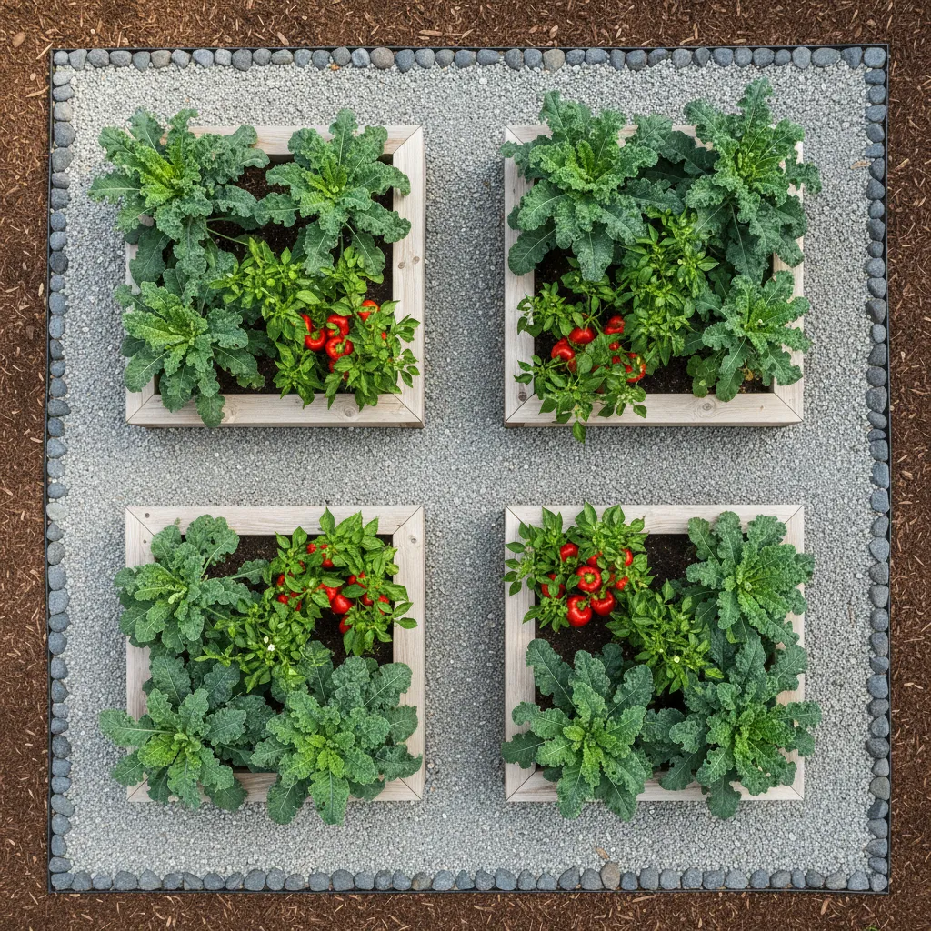 Overhead view of a 10x10 vegetable garden with gravel paths