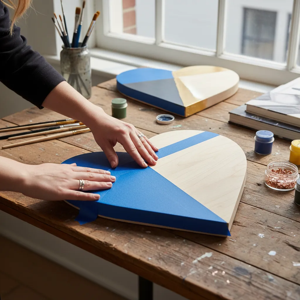 Applying painter's tape to wood for geometric lines