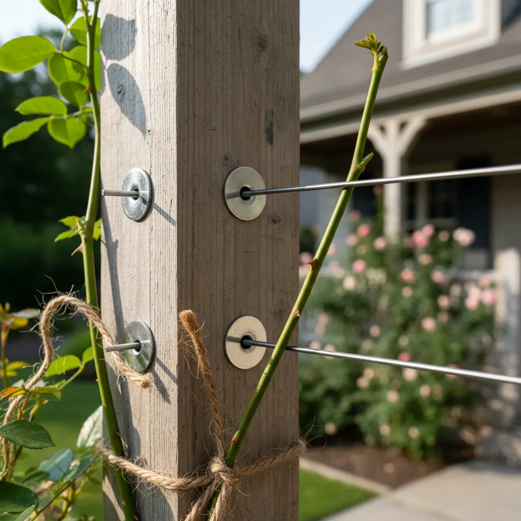 Stainless steel tension wire system on wooden post for climbing plants