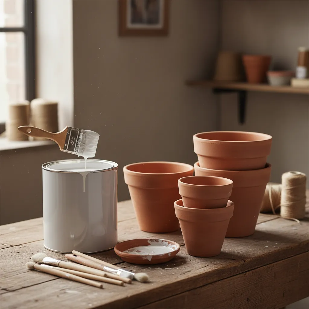 Unpainted terracotta pots on a wooden workbench prepared for sealing