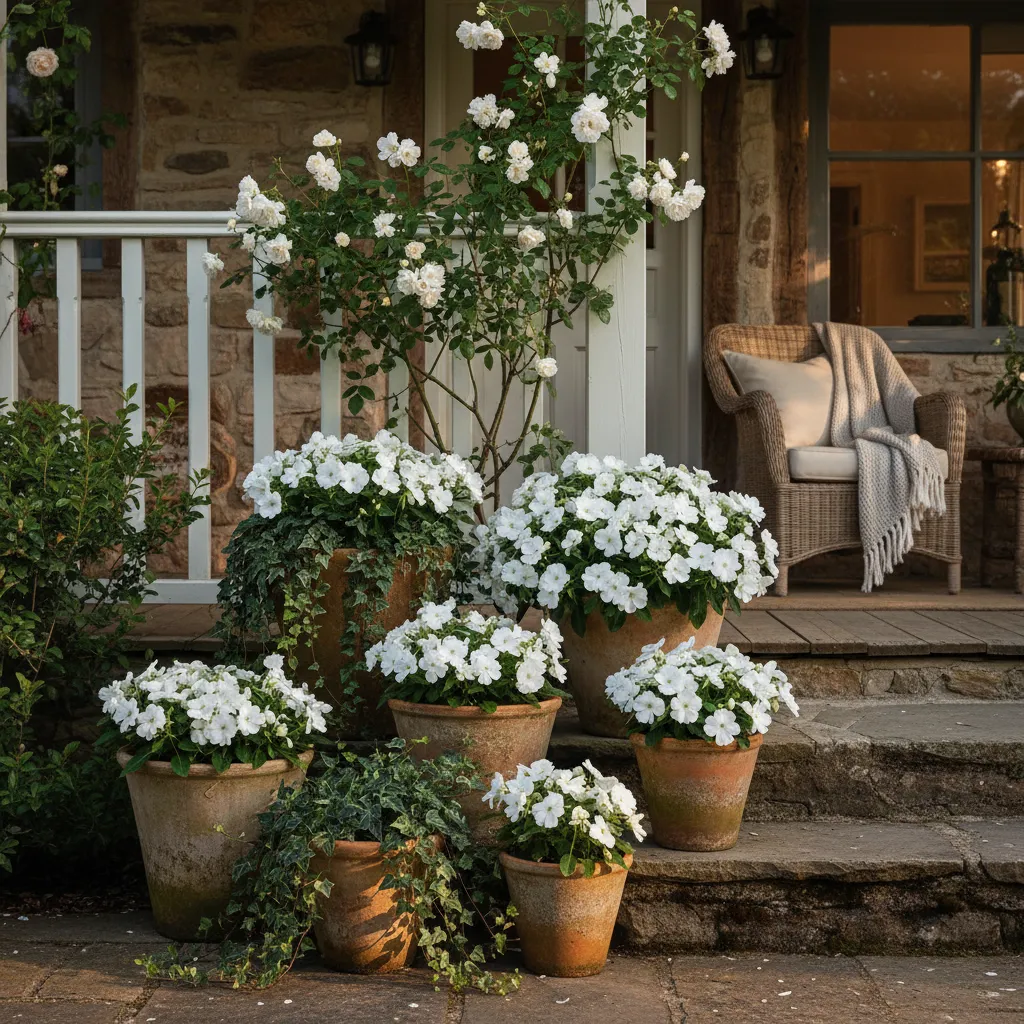 Arrangement of terracotta pots with white flowers and ivy on wooden porch steps near climbing roses