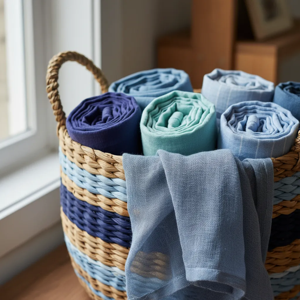 Textured Basket Foundation Materials Organic seagrass basket with navy blue linen fabric