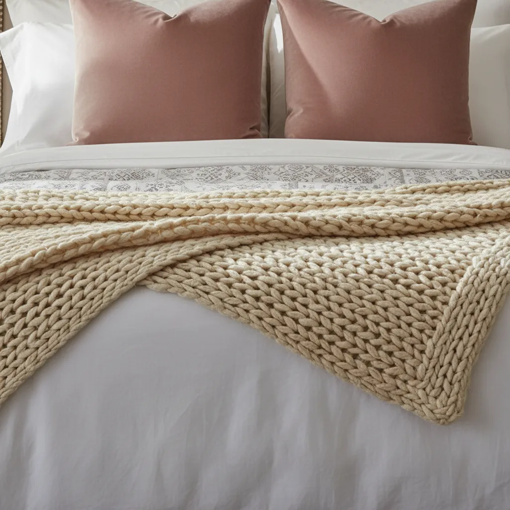Textured Bedding Layering Ideas Close up detailed shot of velvet and linen bedding textures in blush tones