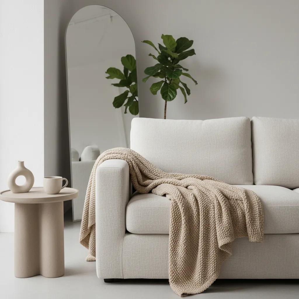 Textured Minimalist Decor in Monochrome Close up of cream linen sofa with boucle throw and matte ceramic decor