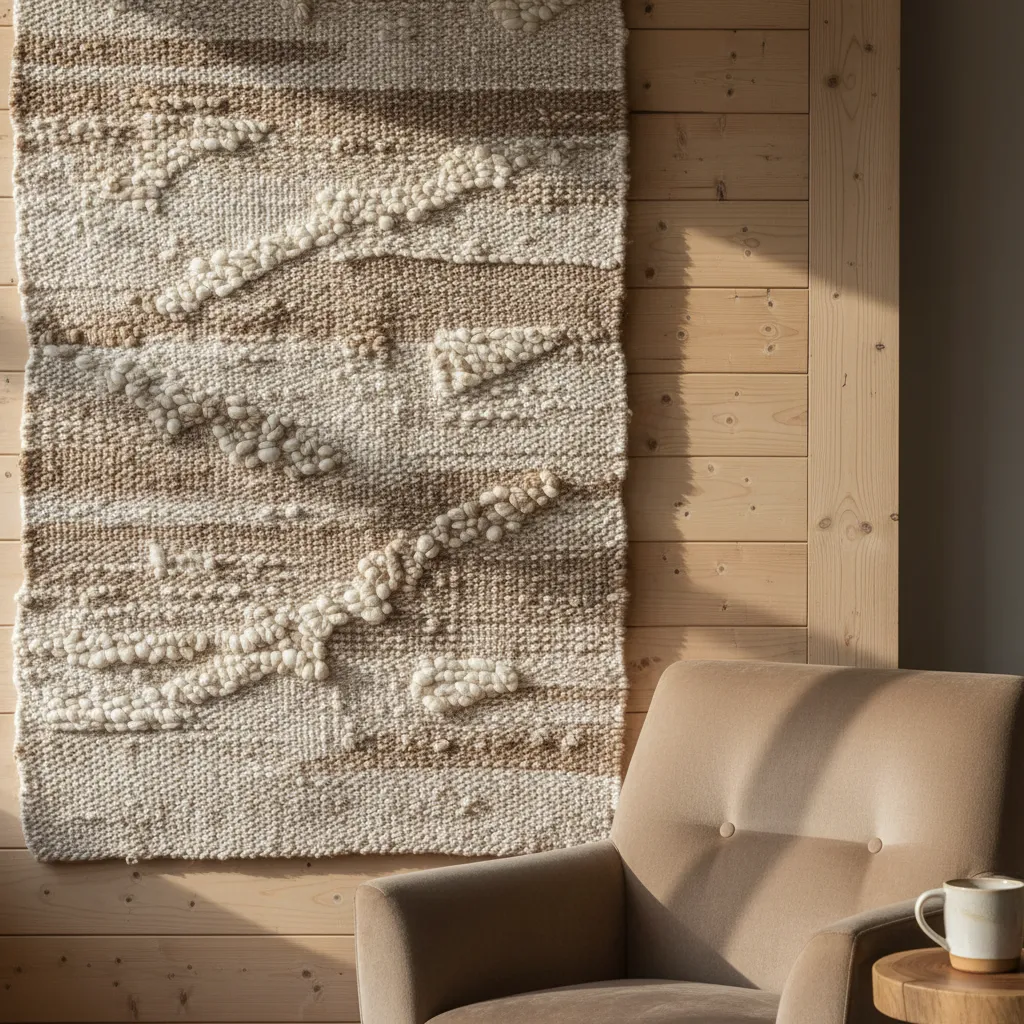 Textured Wall Hanging and Velvet Chair Details Close up of acoustic friendly fabric wall decor and soft seating