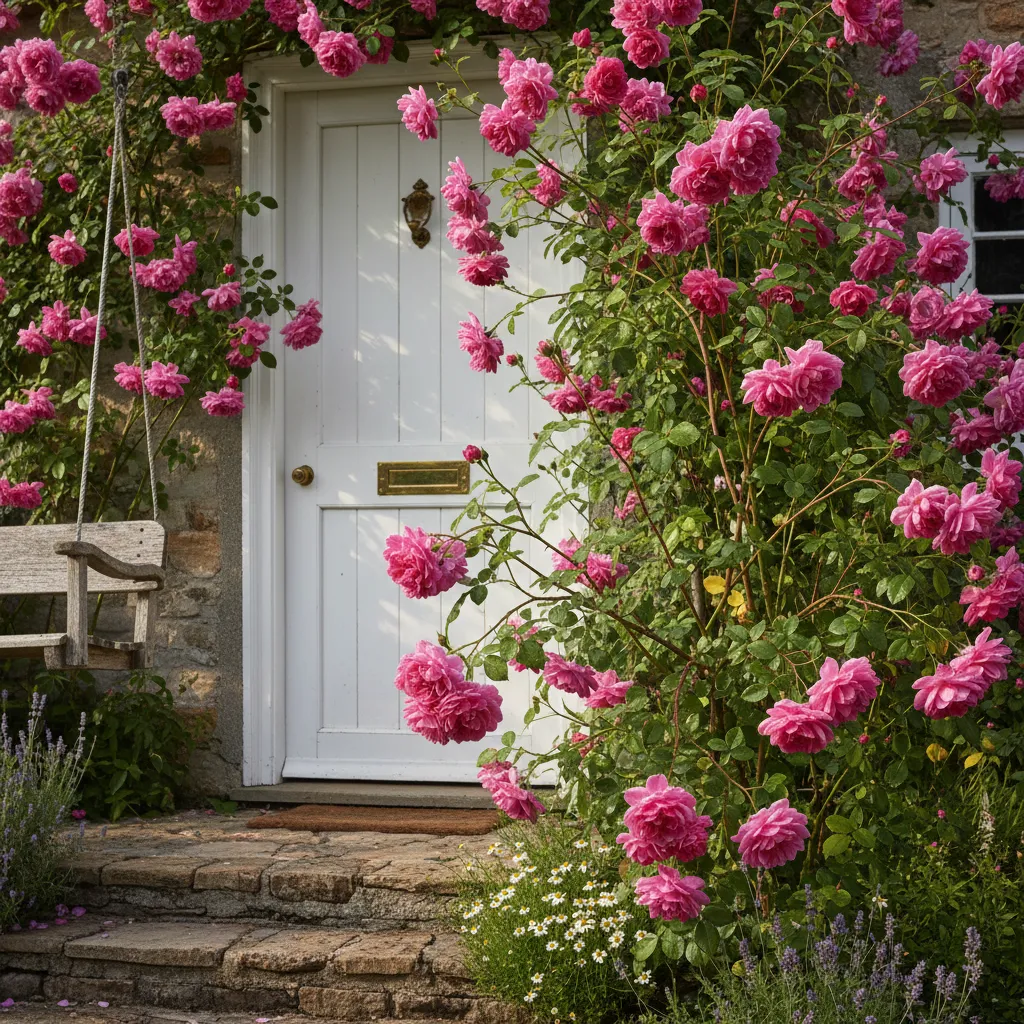 Deep pink Zephirine Drouhin roses framing a front door with thornless stems