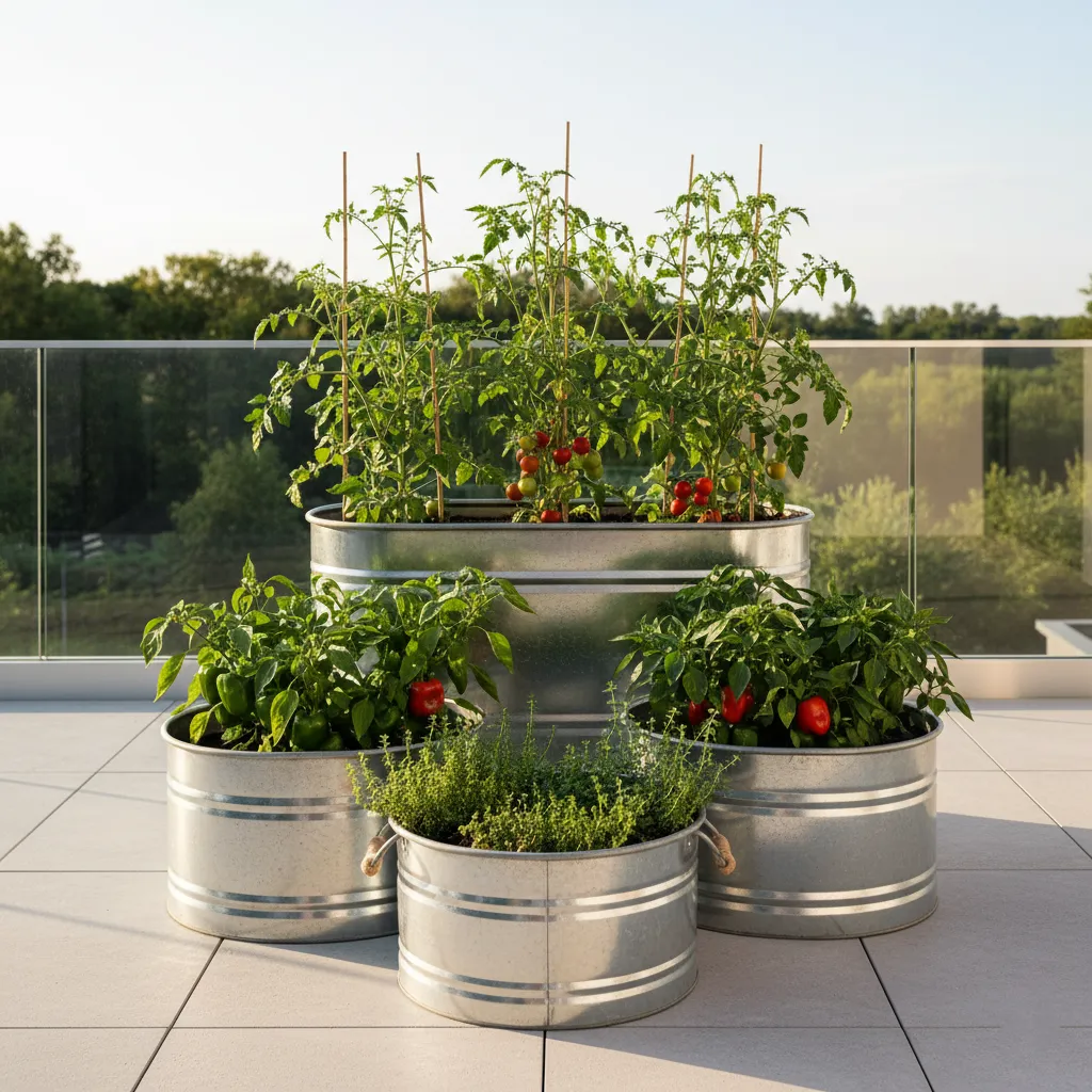 Different sizes of galvanized steel troughs arranged on a wooden deck.