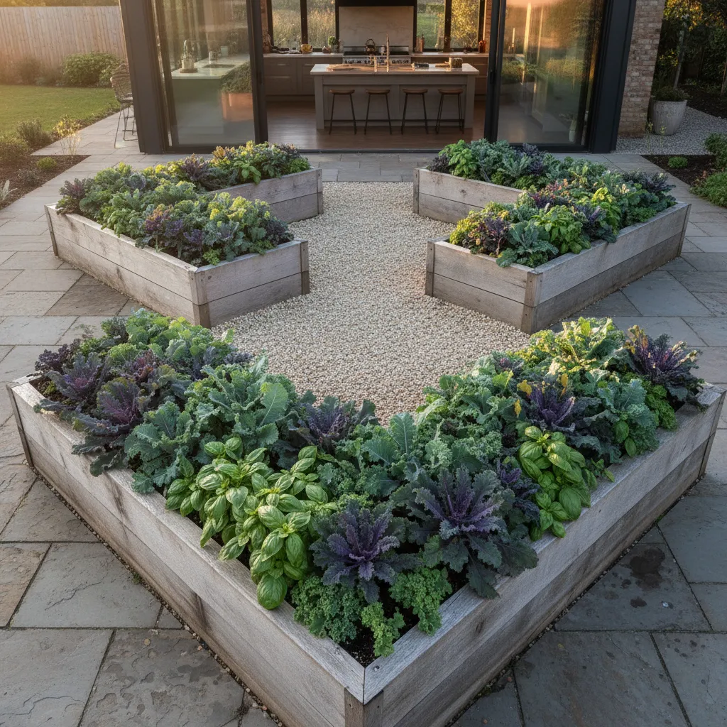 U-Shaped Raised Garden Bed Layout Design U-shaped wooden raised garden beds with gravel path in a kitchen garden