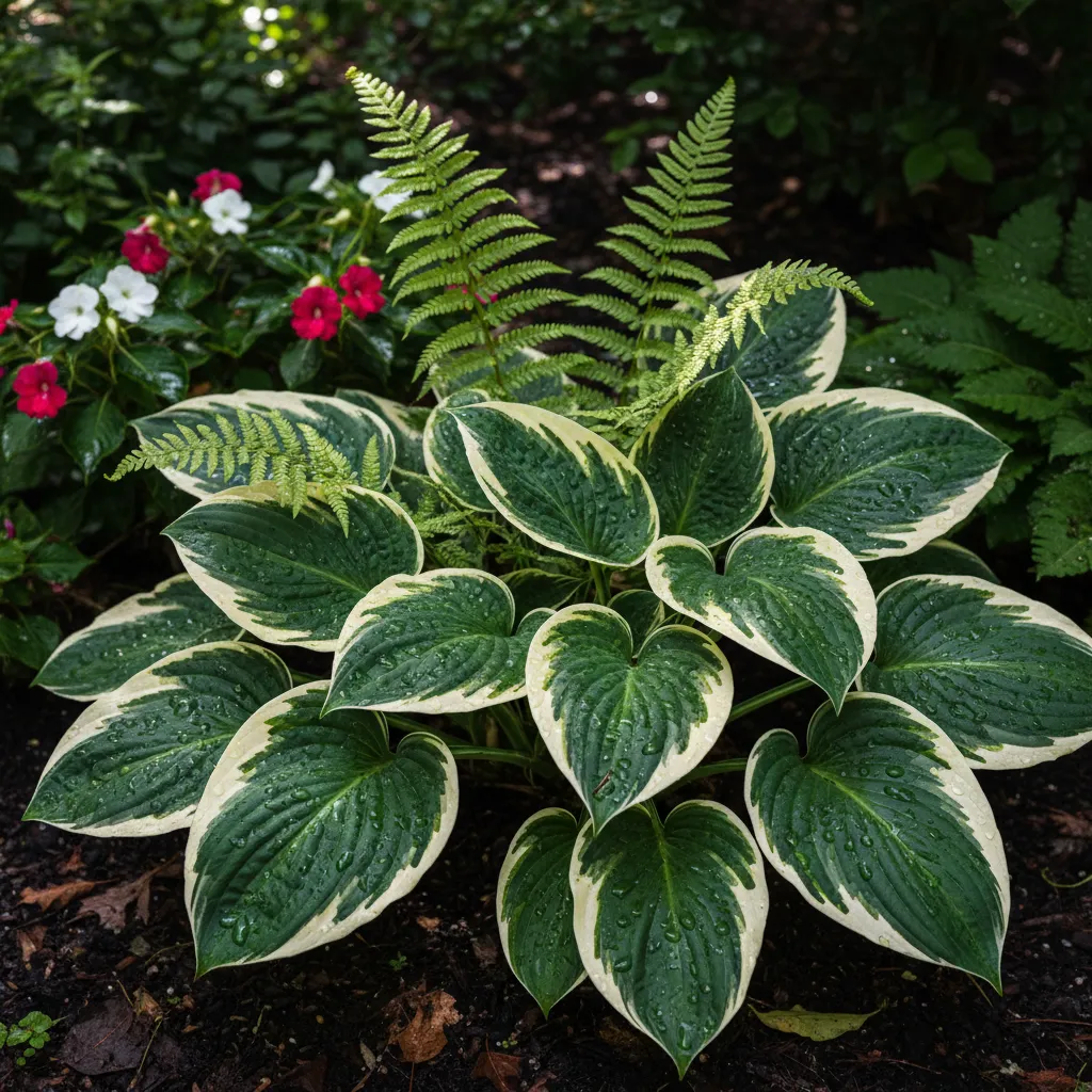 Variegated Hosta Leaf Texture Detail Close up of variegated hosta leaves and fern textures