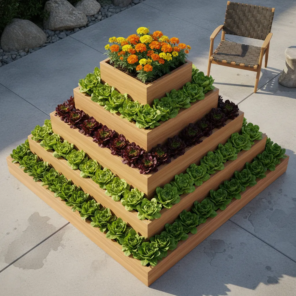 Vertical Garden Planting Map Layout Top-down view of tiered garden bed showing plant placement