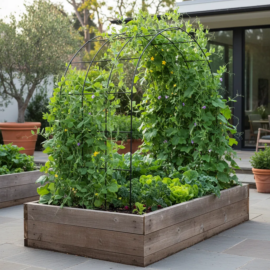 A black iron trellis arching over a vegetable garden bed.
