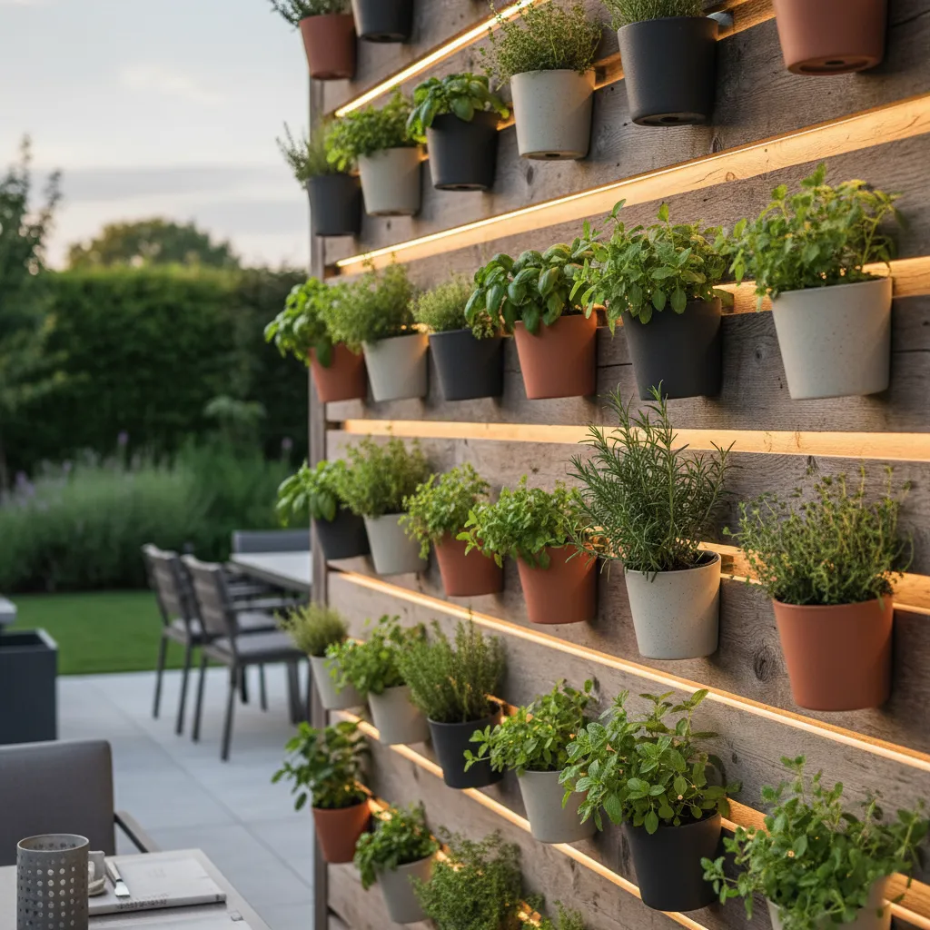 Vertical herb garden with ceramic pots and ambient lighting